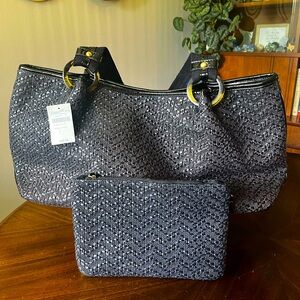 Coldwater Creek Woven Tote Bag with Accessory Pouch Black NWT